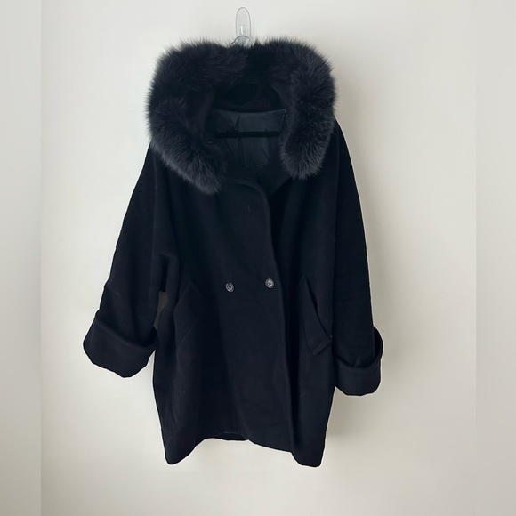 Vintage Jackets & Blazers - Italian navy blue oversized wool coat with fur hood